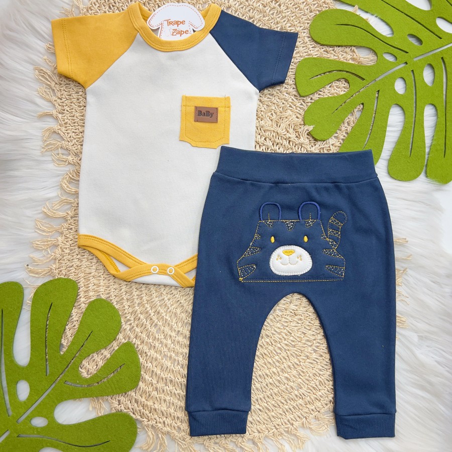   Conj. Body Manga Curta Bicolor com Bolsinho e Calça Tigre - Amarelo e Marinho